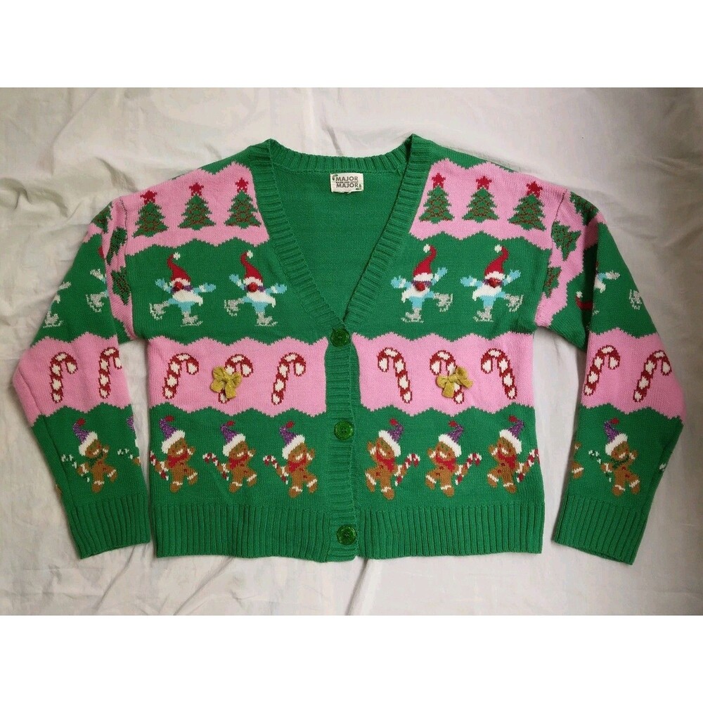 Major Major Christmas Sweater Cardigan Pink Green Holiday Party Funky Womens